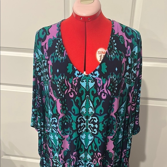 Joan Rivers Blue Purple Resort Wear Vacation V-Neck Dolman Caftan Dress Size 1XP - Picture 2 of 8